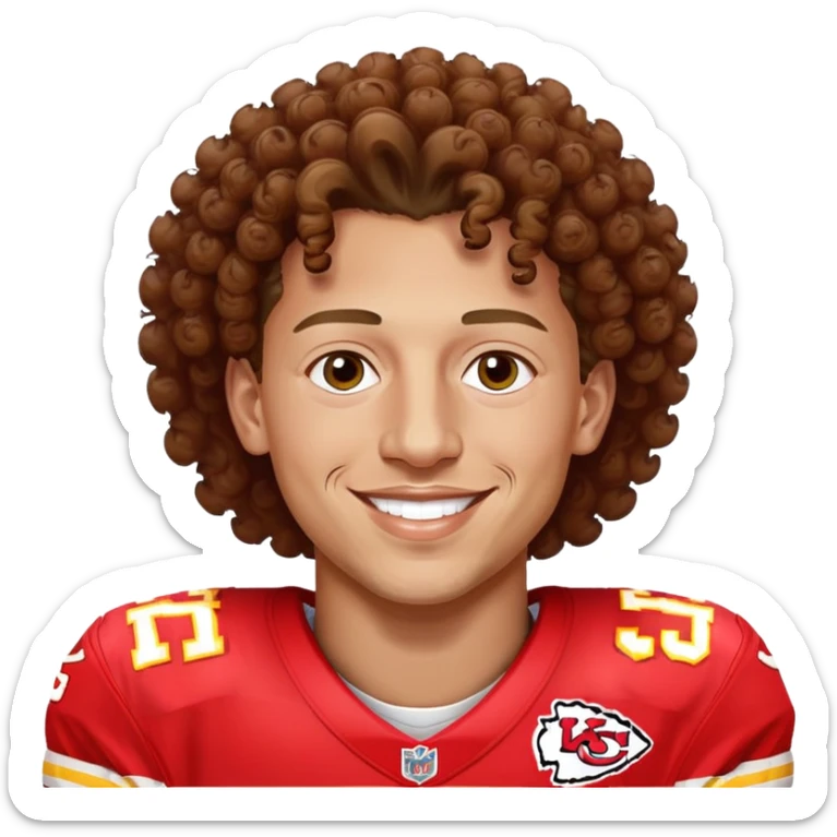Patrick Mahomes, Kansas City Chiefs quarterback with curly hair, smiling sticker
