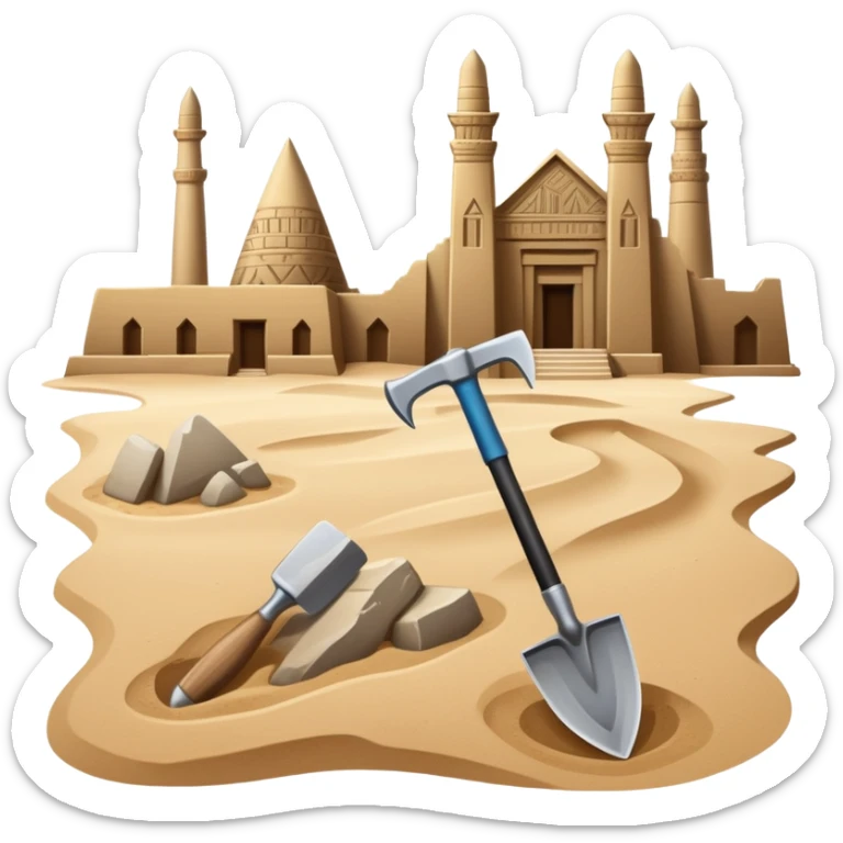 An icon showing archaeological tools—trowel, brush, and pickaxe—laid out on the sand, with the ancient Karnak temple ruins in the background. The design symbolizes exploration and discovery of ancient Egyptian history. Transparent background sticker