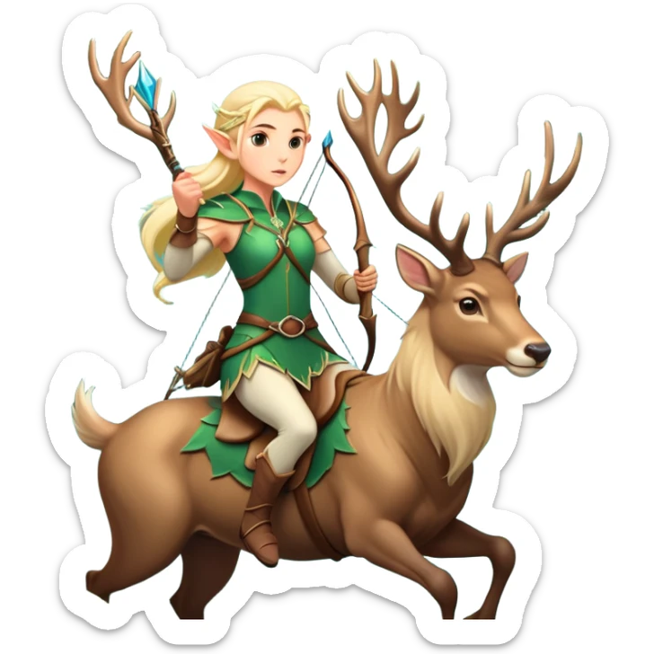 clash-of-clans-aesthetic-blond-elf-archer-portrait-emoji, rendered in a flat, vector-style with minimal shading and bold, simplified shapes, head tilted slightly forward with a determined, focused expression, riding a majestic stag whose luminous antlers glow with mystical energy, set against an ancient, enchanted forest backdrop. sticker