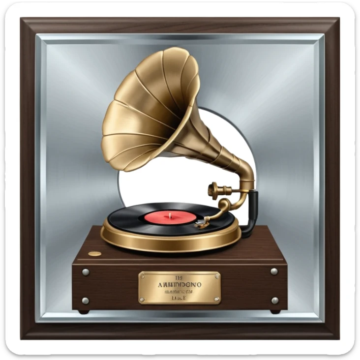A platinum music award plaque: a square, polished platinum plate with a subtly textured, mirror-like finish, mounted on a simple dark wood base. The center features a relief of a vintage gramophone or stylized vinyl record in a slightly darker metallic tone.  sticker