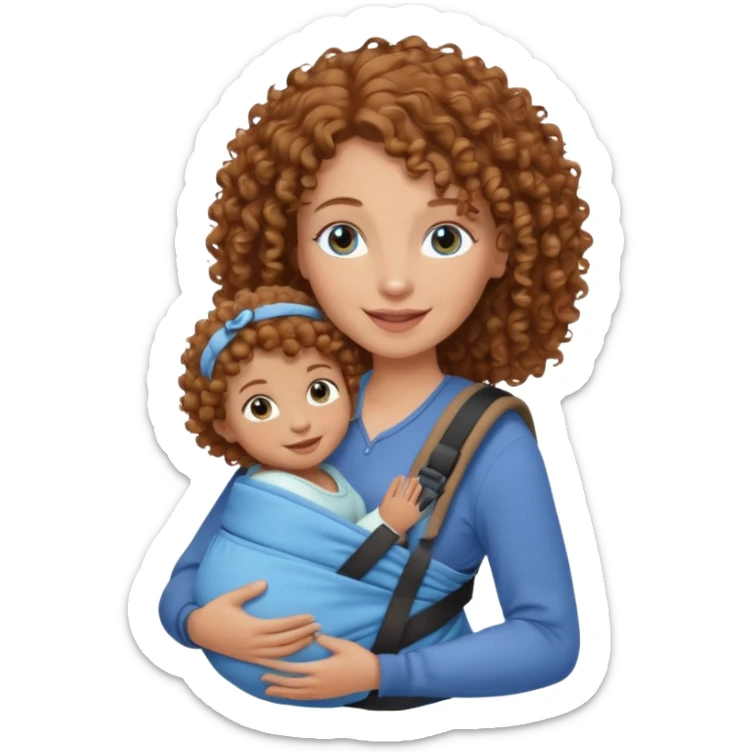 Caucasians light brown curly haired woman with brown skinned bay in carrier. Mom has blue eyes sticker