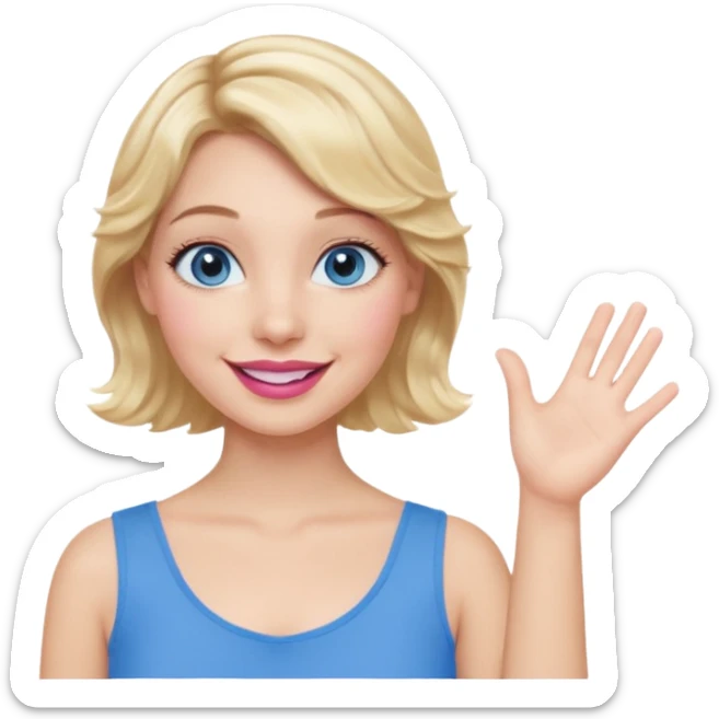 Girl Blonde short wavy hair,  blue eyes, cute blue top, long lashes, pink lips, smiling, one hand in the air sticker