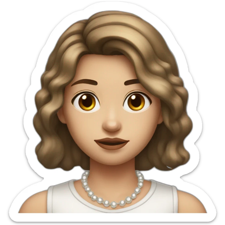 24 years old girl looking weary with white complexion and hair around armpit length with brown hair with silver and pearl chain necklace sticker