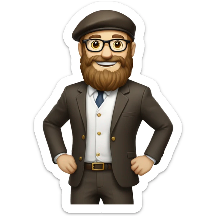 man, long brown beard, white skin, suit, full-body "slim", beret hat, glasses, brown shoes, smile sticker