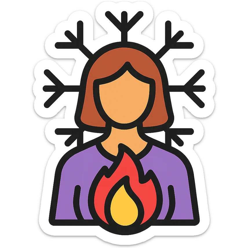 woman silhouette with a stylized fire in her chest and a large snowflake encircling her, representing menopause sticker