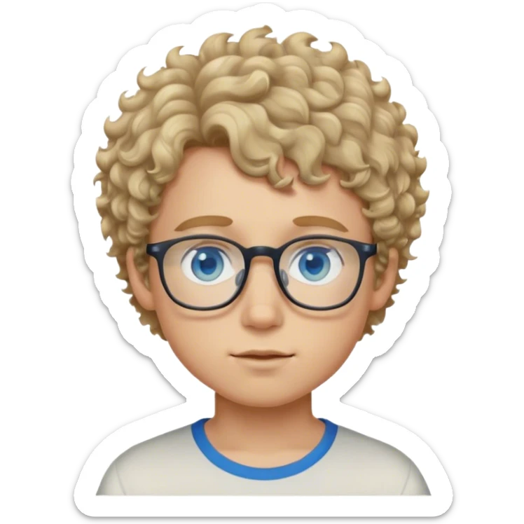 boy with short dirty blonde curly hair, blue eyes, glasses sticker