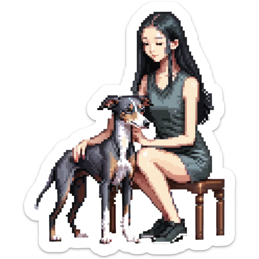 Slim Chinese girl with long black hair petting a completely solid dark grey Italian greyhound with absolutely no white anywhere on its body sticker