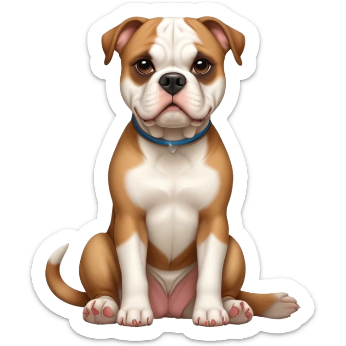 cinematic-[american bulldog]-realistic-full-body-sitting-emoji,-tail-resting-loosely-beside-its-paws,-head-tilted-dramatically,-sleek-[brown fawn]-fur,-simplified-yet-realistic-focused-features,-highly-detailed,-glowing-with-an-almost-sarcastic-glow sticker