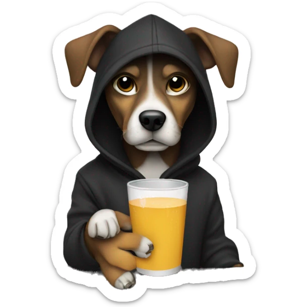 Dog wearing a black hoodie holding a cup and a tequila bottle sticker