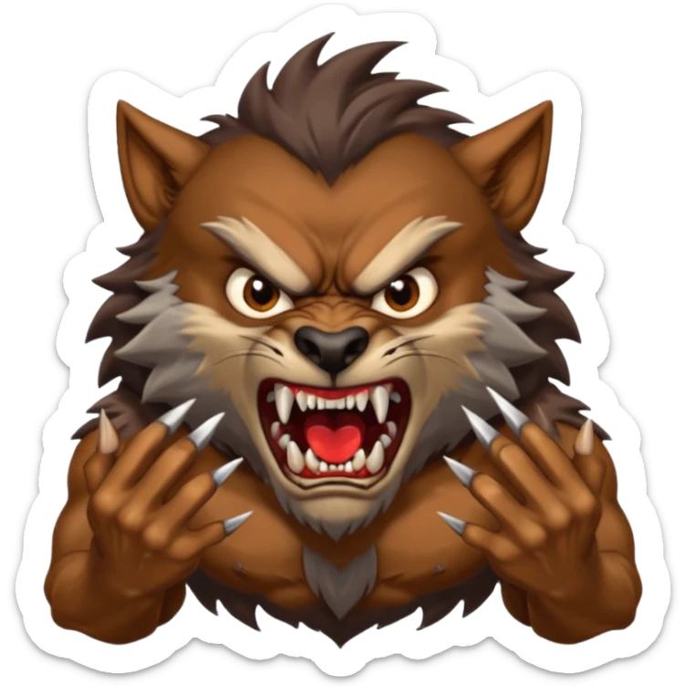 Create an emoji of Werewolf half bodied till waist sharp nails angry face brown sticker
