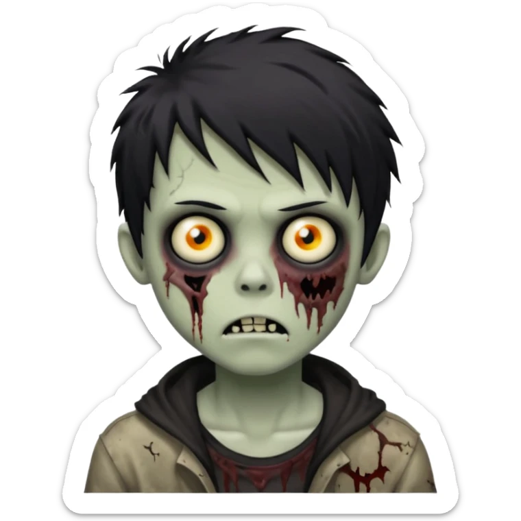 creepy zombie boy, black shaggy hair, emo style, dark and spooky sticker