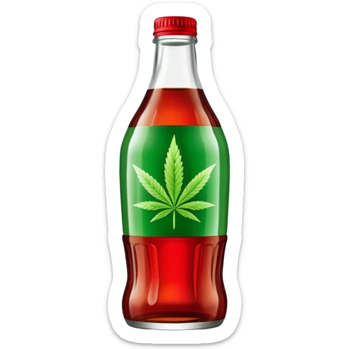 iconic curved Coca-Cola style glass bottle in red with a green cannabis leaf printed on it sticker