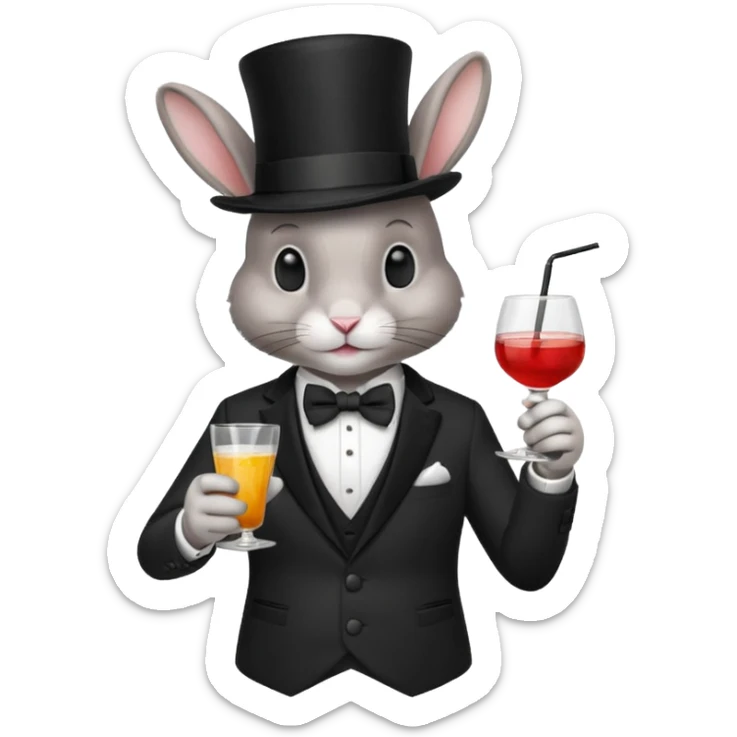 rabbit wearing suit, bowtie and top hat, holding glass of drink sticker