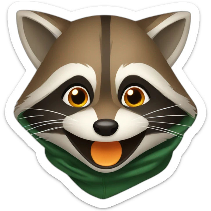 brown raccoon with orange eyes and a dark green hood that is laughing sticker