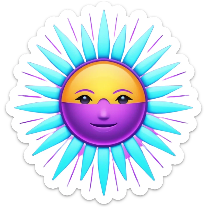 Futuristic glowing sun, neon rays, bright holographic purple and cyan glow, dark background, digital tech style sticker