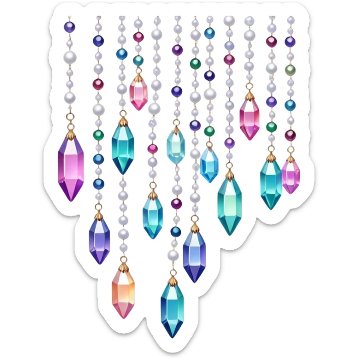 Iridescent glistening glossy sparkly shiny glittery hanging crystals pearls and beads and gemstones scenery scenic decorations sticker