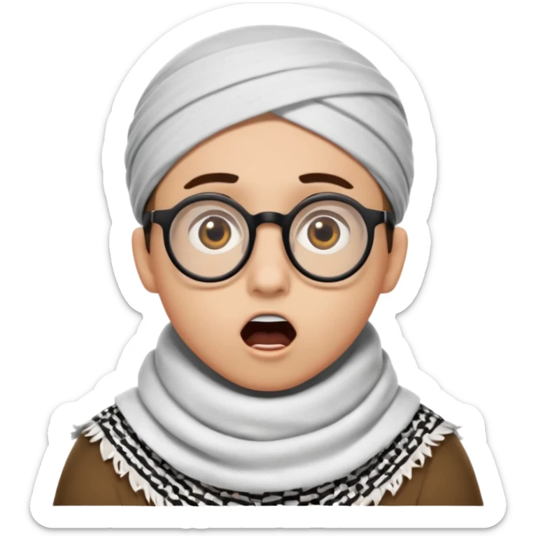 A person with light skin tone, wearing a traditional white keffiyeh with a black agal, large brown eyes, round glasses, and an open mouth showing a surprised or shocked expression. sticker