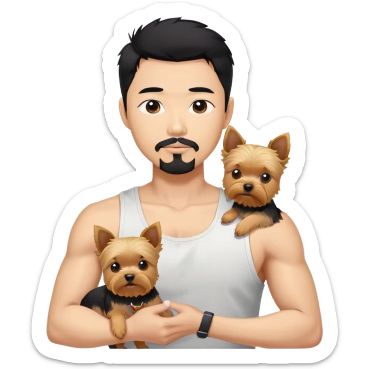 Dark haired Korean Asian handsome man with black pointy hair full goatee and tank top.  Holding a blonde yorkie.  sticker