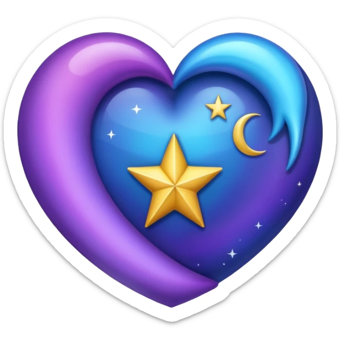 Créame un corazón con color azul y morado y dentro una estrella y una luna sticker