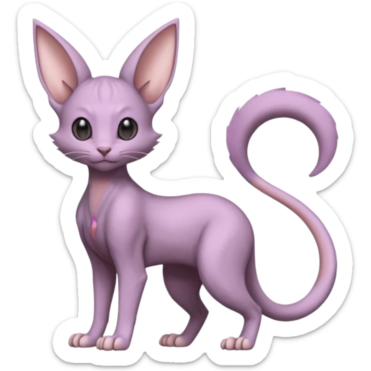 Pastel dull greyish anthropomorphic furry Mewtwo-Beerus-Minccino-Lykoi-Sphynx-hybrid-Fakémon-fusion-animal-ET-species-creature, full body  sticker