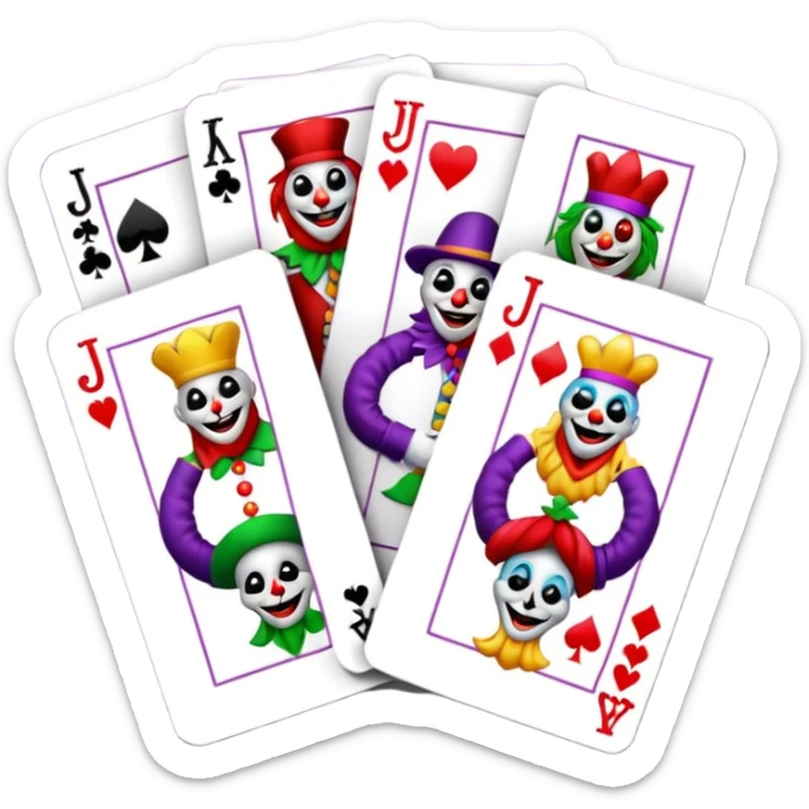 bunch of 3 poker cards, with crazy colorful jolly jokers inside sticker