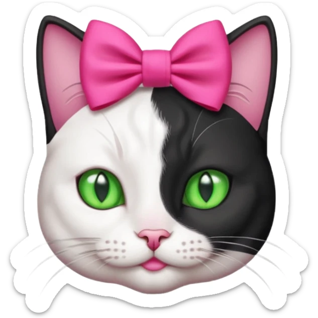 A black and white cat head with green eyes she has a hot pink bow on her head  sticker