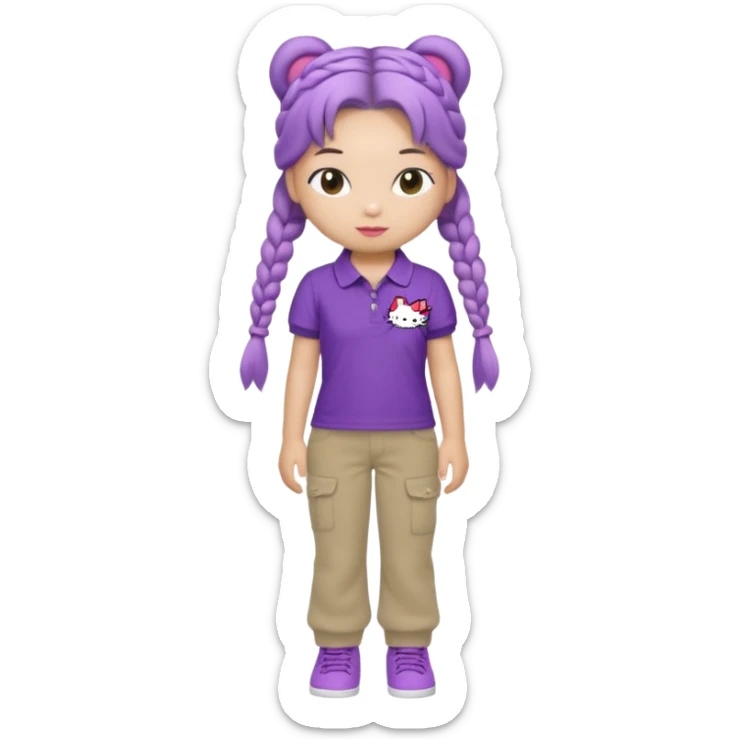 hello kitty wearing purple polo shirt and kyaki pants with long fishtail braids baddie with 2025 efect sticker