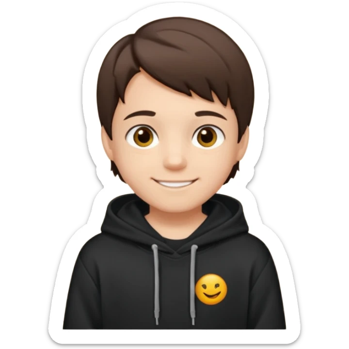 A brunette boy, short straight hair, light brown eyes, with a black sweatshirt with a hoodie, and smile  sticker