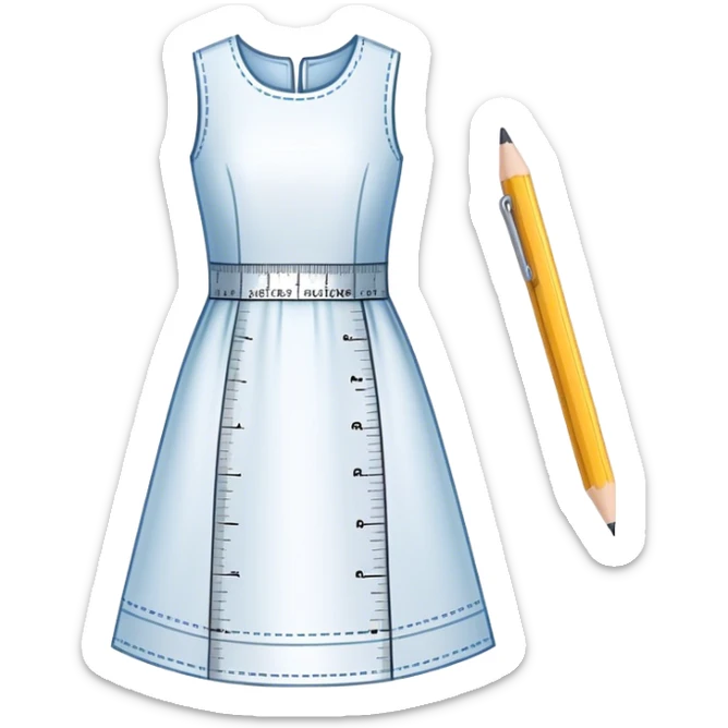 Icon for Fashion Design: a dress pattern with measurements, a ruler, and a pencil. The icon should represent the process of designing clothing with a focus on precision and tailoring. Transparent background. sticker