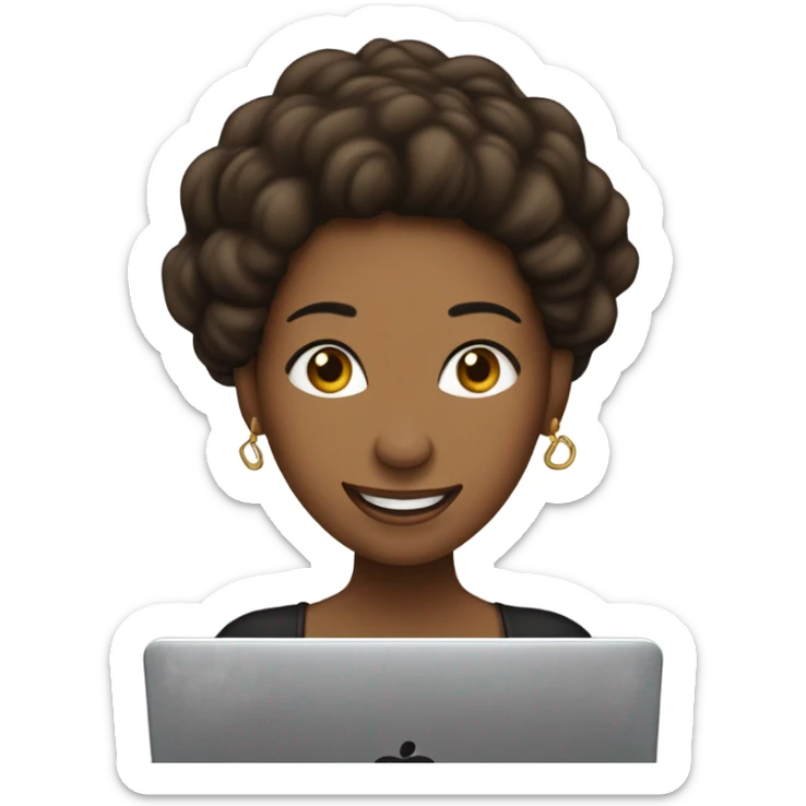 mujer, de piel trigueña, pelo negro y largo, ojos marrones, saludando con un mano y sonriente. tiene una laptop sticker