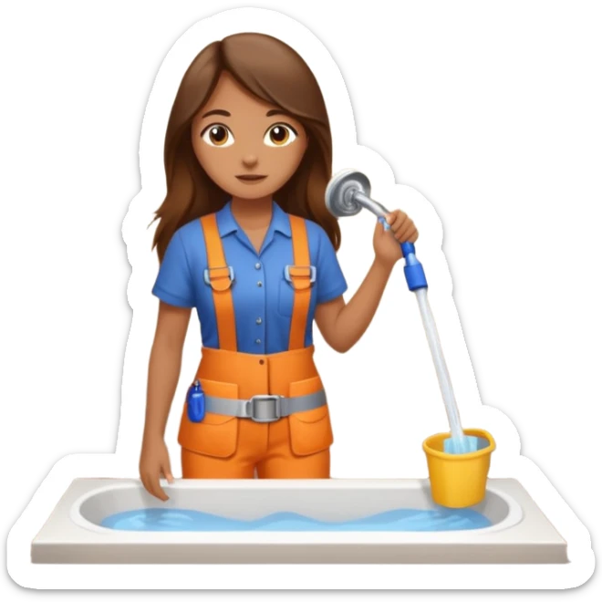 beautiful girl with long brown hair constructing new bathroom area with new shower and amenities  sticker