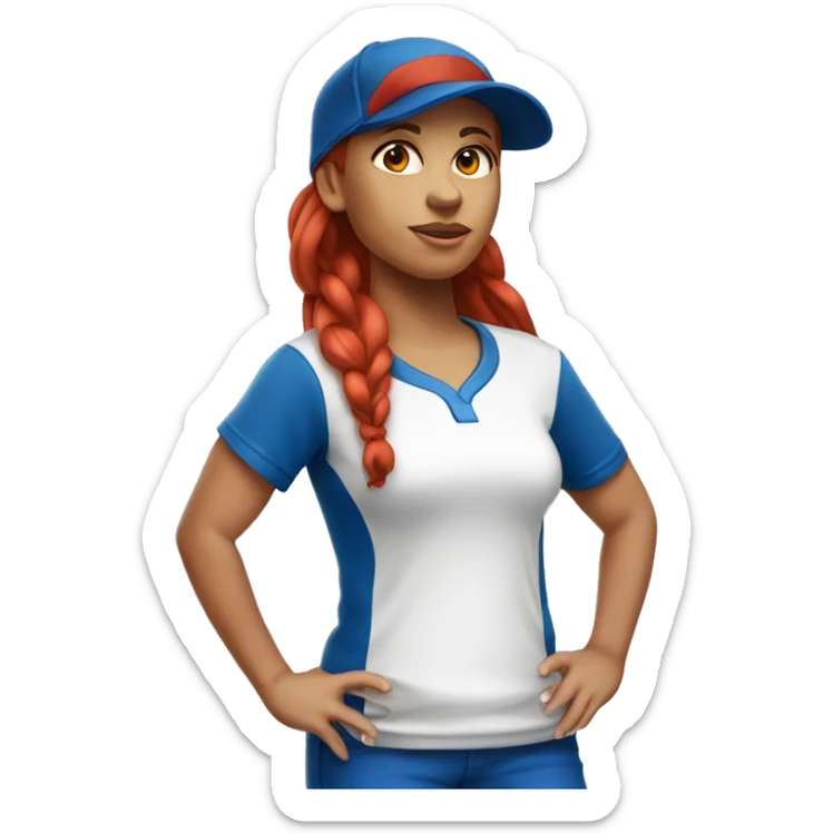 front facing standing up female coach with long red hair, wearing a white t-shirt and a simple baseball blue hat sticker