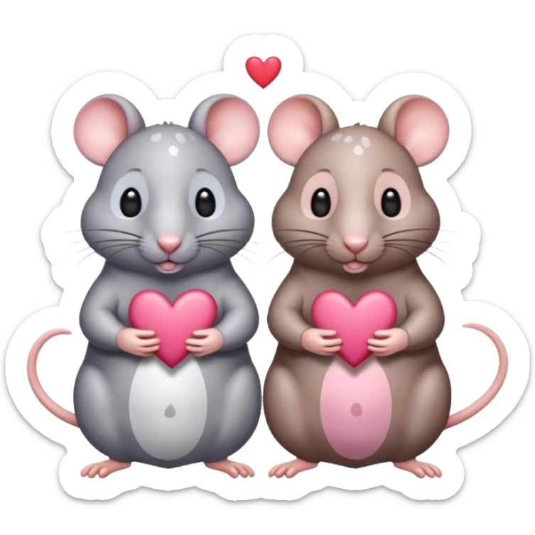 two fat little rats holding hearts one grey with white spots the other rat warm brown without spots sticker
