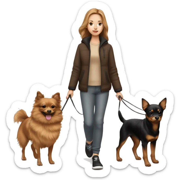 A light brown haired girl, walking one mini black and tan miniature Pinscher and one very big, fluffy & light brown Spitz on the lead sticker