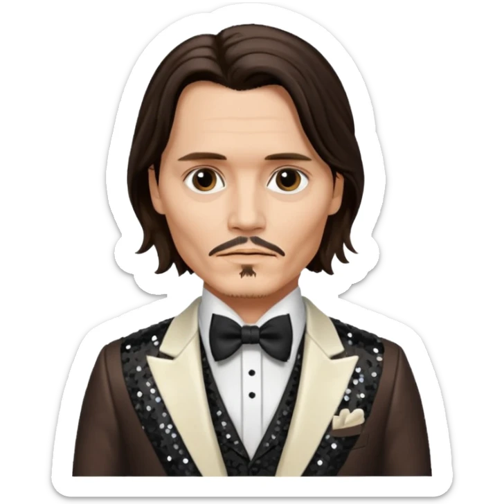 Johnny Depp with long dark brown hair hair, ivory sequin suit with bow tie sticker