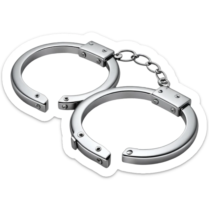 A pair of elegant handcuffs emoji made of silver chrome, smooth rounded design, glossy metallic reflections, luxury fetish aesthetic, minimal iOS emoji style, centered, clean white background sticker