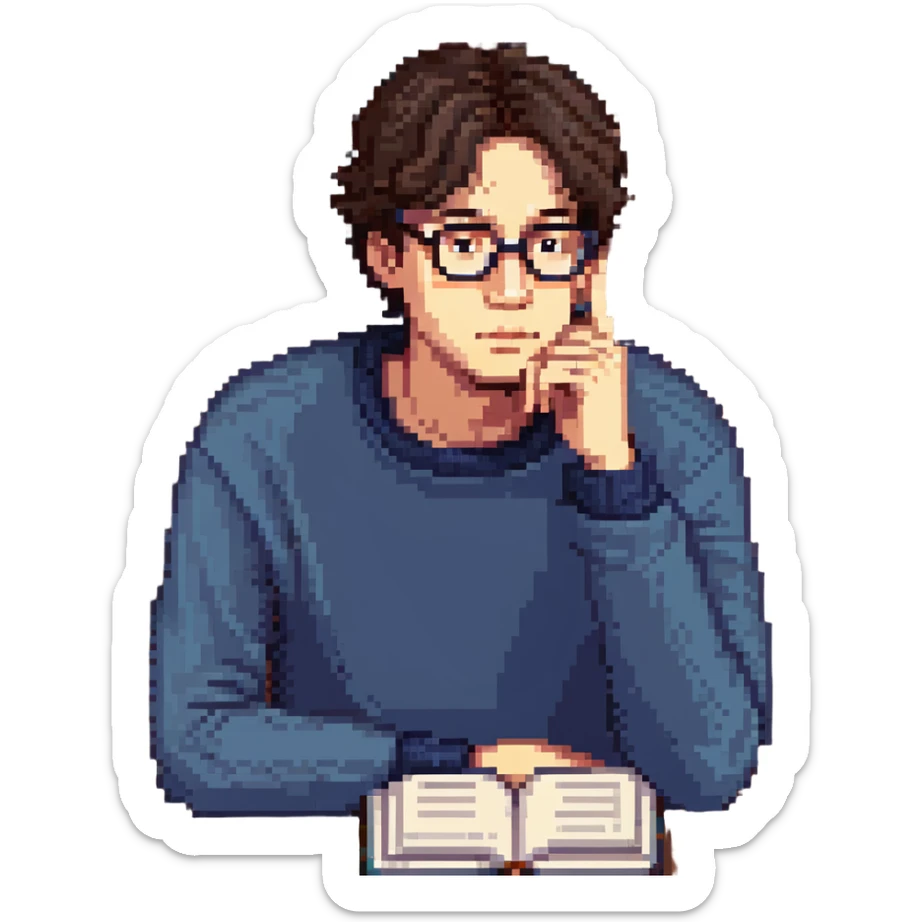 Flat pixel are, calm and curious male thinker, light skin, short tousled dark hair, round glasses, focused expression, wearing an indigo sweater, seated at a desk with open books, one hand resting under his chin in thought, waist-up, front-facing sticker
