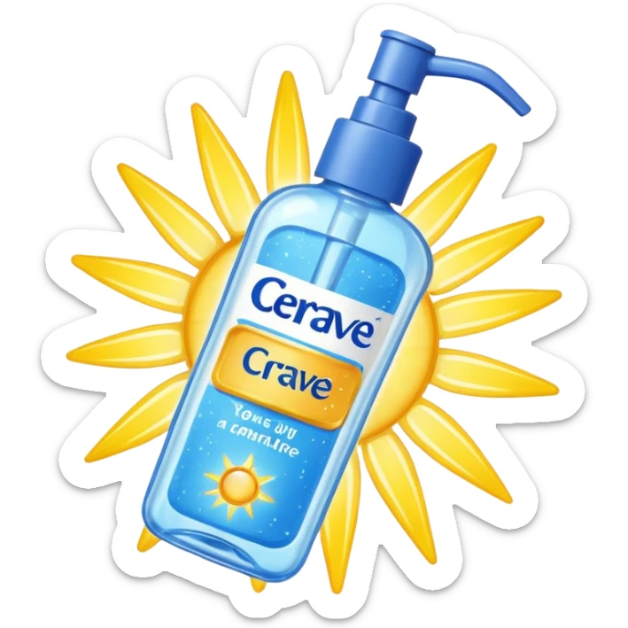White CeraVe bottle with blue label and yellow “AM” badge, topped with a pump. Surrounded by protecting radiant sun sparkles, soft UV-deflecting light rings, and a blue protective glow. Feels like a daytime skin shield potion in a sleek, glossy bottle. sticker