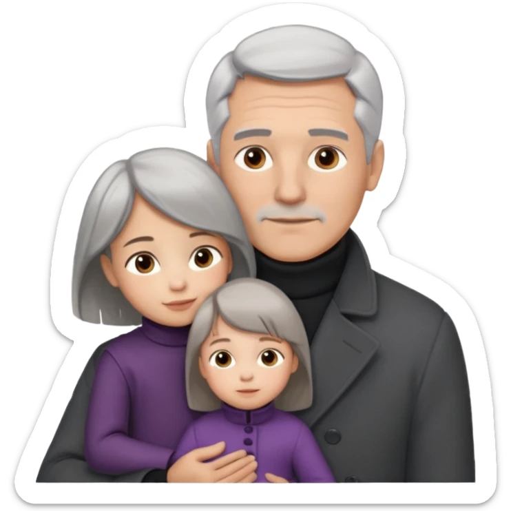 A father with silver-grey hair styled neatly and a clean-shaven face, wearing a dark turtleneck and wool coat, holding his girl child gently. The child has light brown hair and a soft white dress. Warm cinematic lighting, emotional close-up. sticker