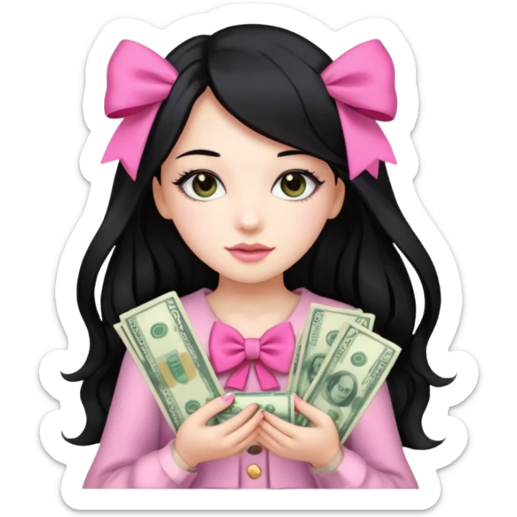 Menina de cabelo preto longo , laços rosas , dinheiro , luxo sticker