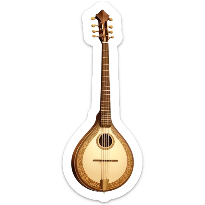Bouzouki – Cinematic Realistic Bouzouki, depicted as a beautifully crafted Greek string instrument with a long neck and ornate fretwork, its polished wooden body reflecting warm golden light, set on a rustic background with soft shadows that evoke traditional Mediterranean music. sticker