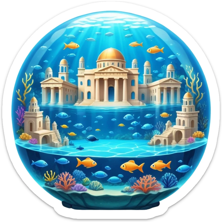 Atlantis underwater city with domed buildings, ancient Greek architecture, glowing blue energy crystal, surrounded by fish sticker