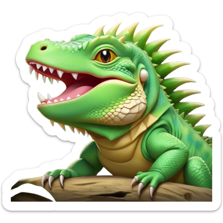 Cinematic Cute Yawning Iguana Portrait Emoji, Head tilted slightly with a dramatic, wide-open yawn, showcasing a sturdy, scaled body with a softly drooping spiky crest and sleepy, half-closed eyes, Simplified yet irresistibly adorable features, highly detailed, glowing with a soft, cozy jungle glow, high shine, relaxed yet expressive, stylized with a dash of whimsical charm, soft glowing outline, capturing the essence of a drowsy yet affectionate iguana that appears ready to stretch out for a nap! sticker