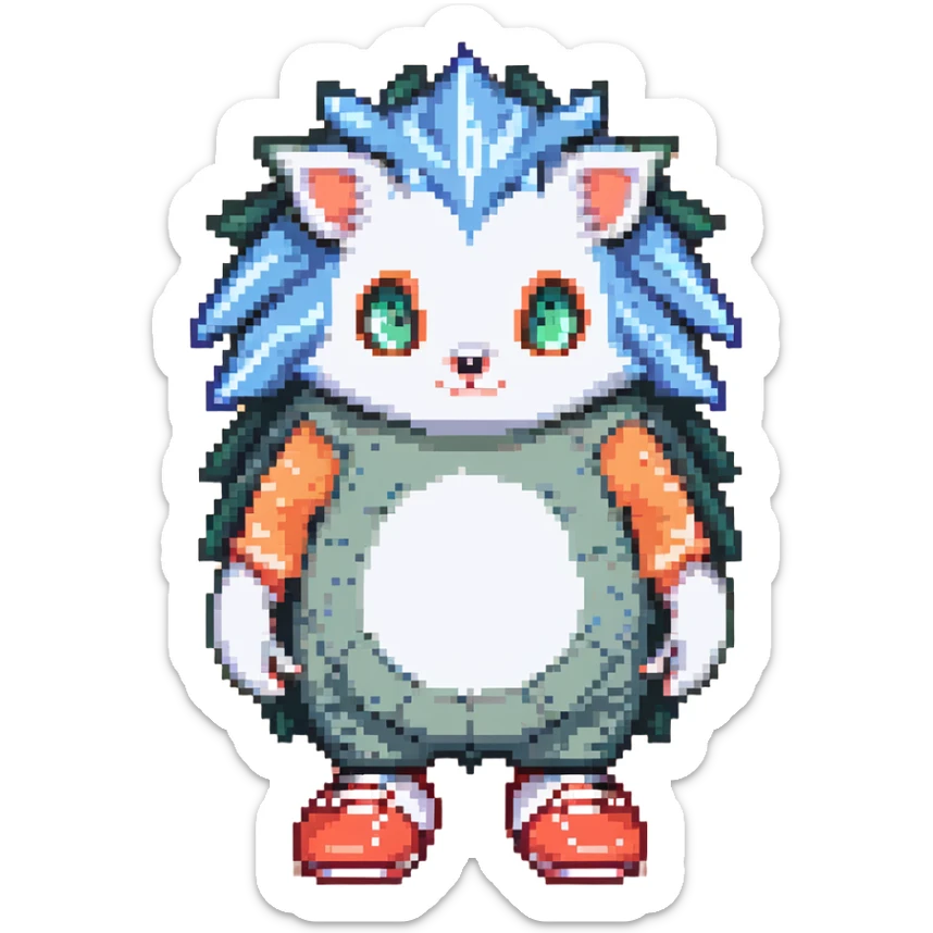 blue humanoid hedgehog with white gloves and socks, red shoes, 3 quills, peach belly, green eyes sticker