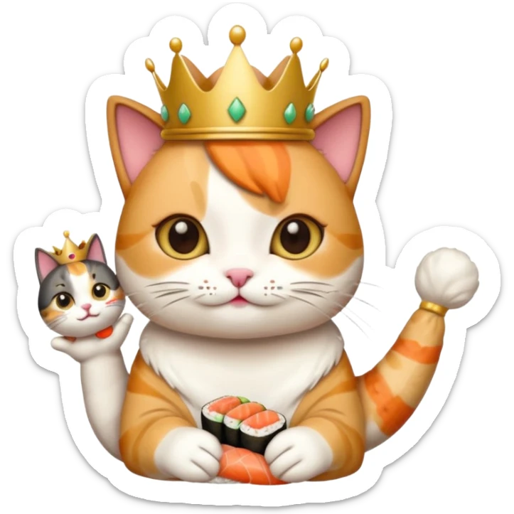 princess cat eating sushi, playful, small crown, holding sushi, emoji style sticker