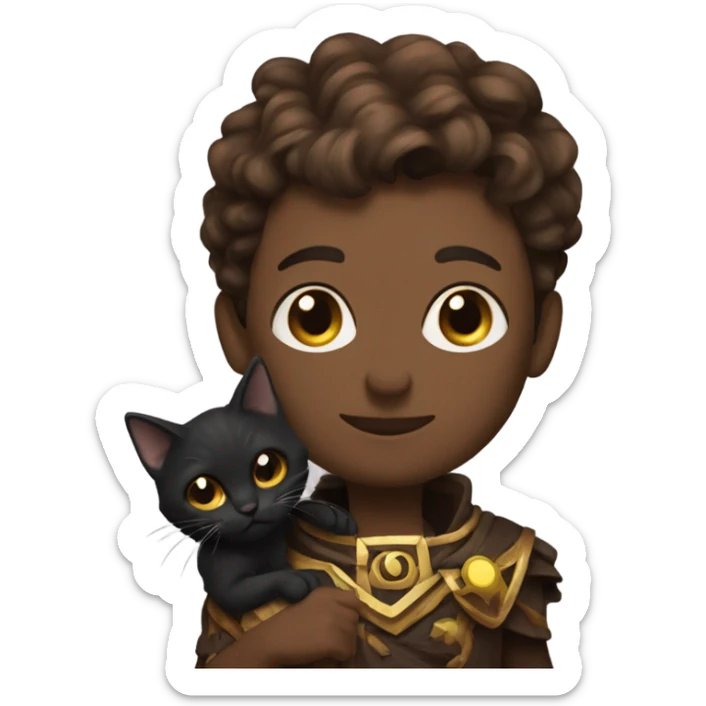 A sun warlock who is pale with brown hair and is holding a black kitten sticker