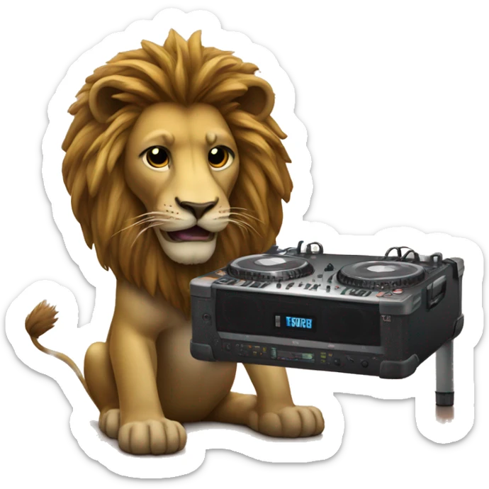 Lion playing music with the DJ headphones and the DJ  table  sticker