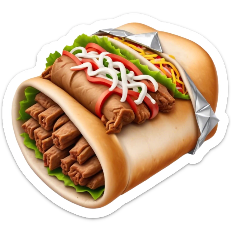 Doner Kebab Cinematic Realistic Doner Kebab Dish Emoji, depicted as iconic, spiced meat wrapped in foil and paper, rendered with lifelike textures and dynamic, appetizing lighting. sticker