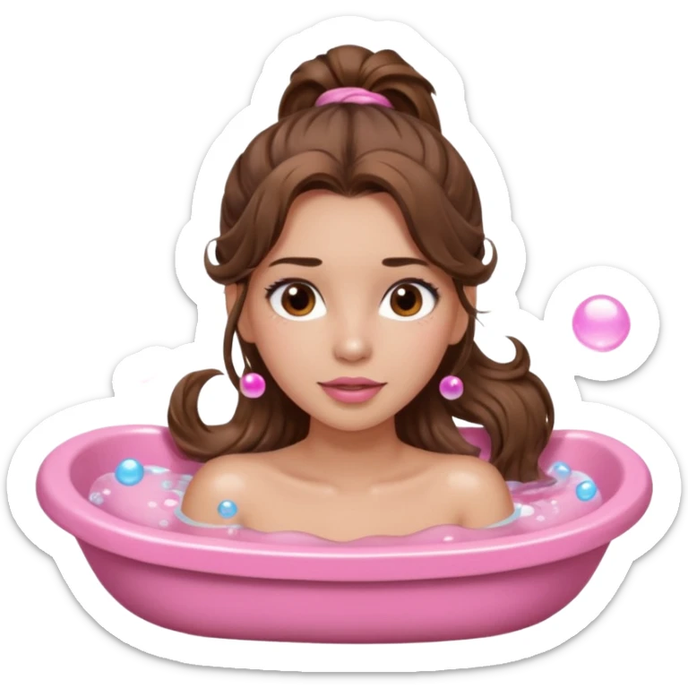 girl with wavy long ponytail brown hair, brown eyes, light to medium complexion, long lashes, light pink lipstick, wearing light pink shirt, lying in a bathtub with bubbles sticker