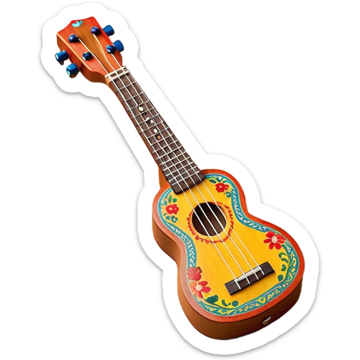 Create a vibrant and artistic emoji representing a ukulele with a Mexican design. The ukulele should feature a bright, colorful body with traditional Mexican patterns, such as geometric shapes, floral motifs, or colorful stripes. Use rich, warm tones like red, yellow, green, and blue to give the instrument a lively, festive look. Highlight the wood grain of the ukulele’s neck and fingerboard, and add subtle details like decorative inlays or a small Mexican flag symbol on the body. The strings should be clearly visible, and the instrument should be in a slightly angled position to showcase its unique design. The background should be transparent. sticker
